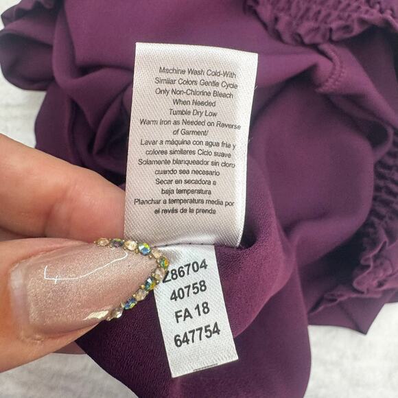 Venus Women's Purple Mock Neck Smocked Blouse Size M Bow at Back Waist Office - Picture 7 of 7